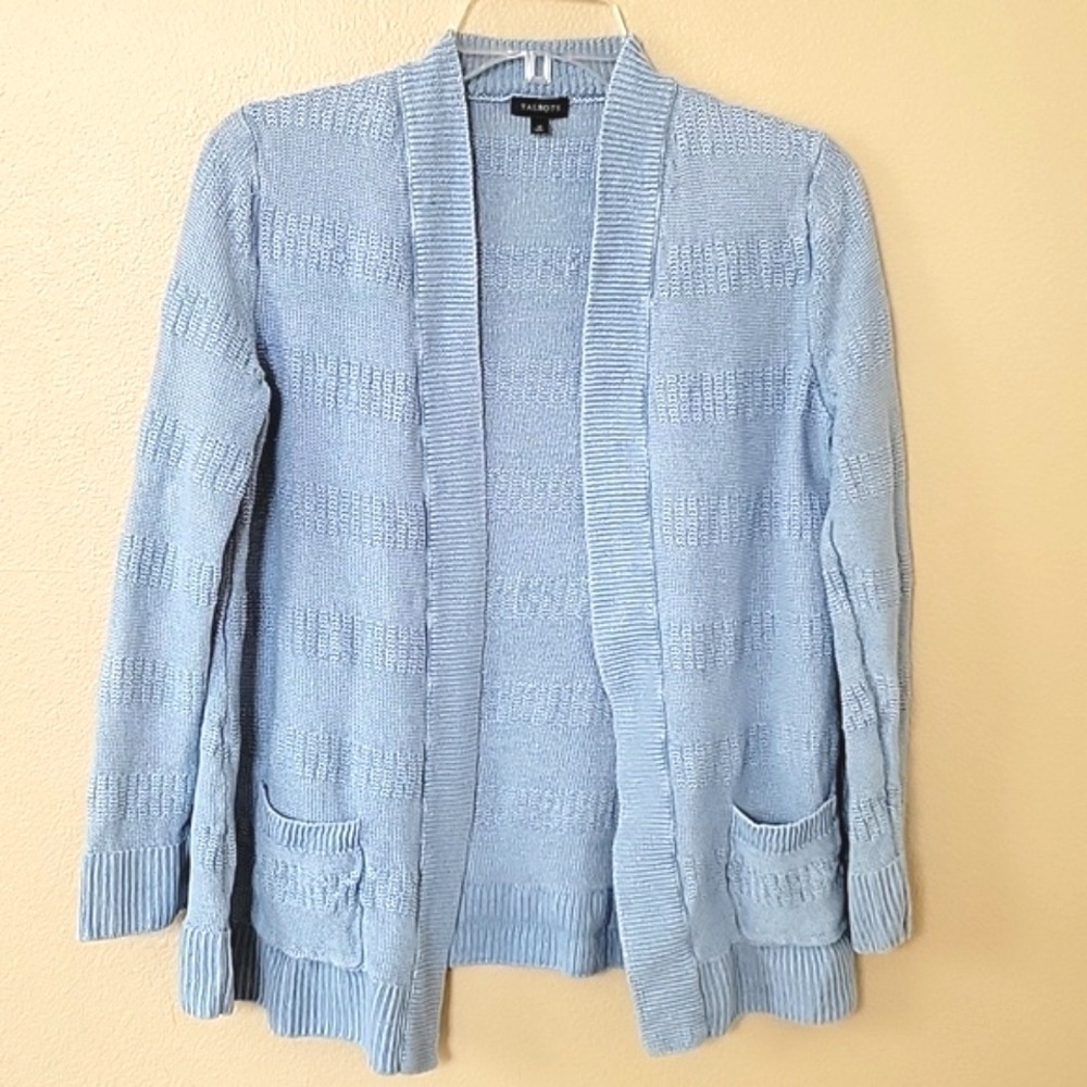 Talbots Blue 100% Linen Open Front Cardigan Coastal Beach Travel - Size Medium